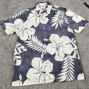 Tommy Bahama Blue Hibiscus Hawaiian Camp Shirt Cotton Silk Mens M